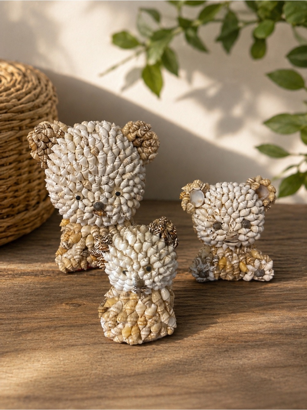 Vintage Handmade Seashell Bear Figurine Set Coastal Decor
